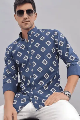 Navy Aztec Diamond Print Chinese Collar -Full-Stain Proof
