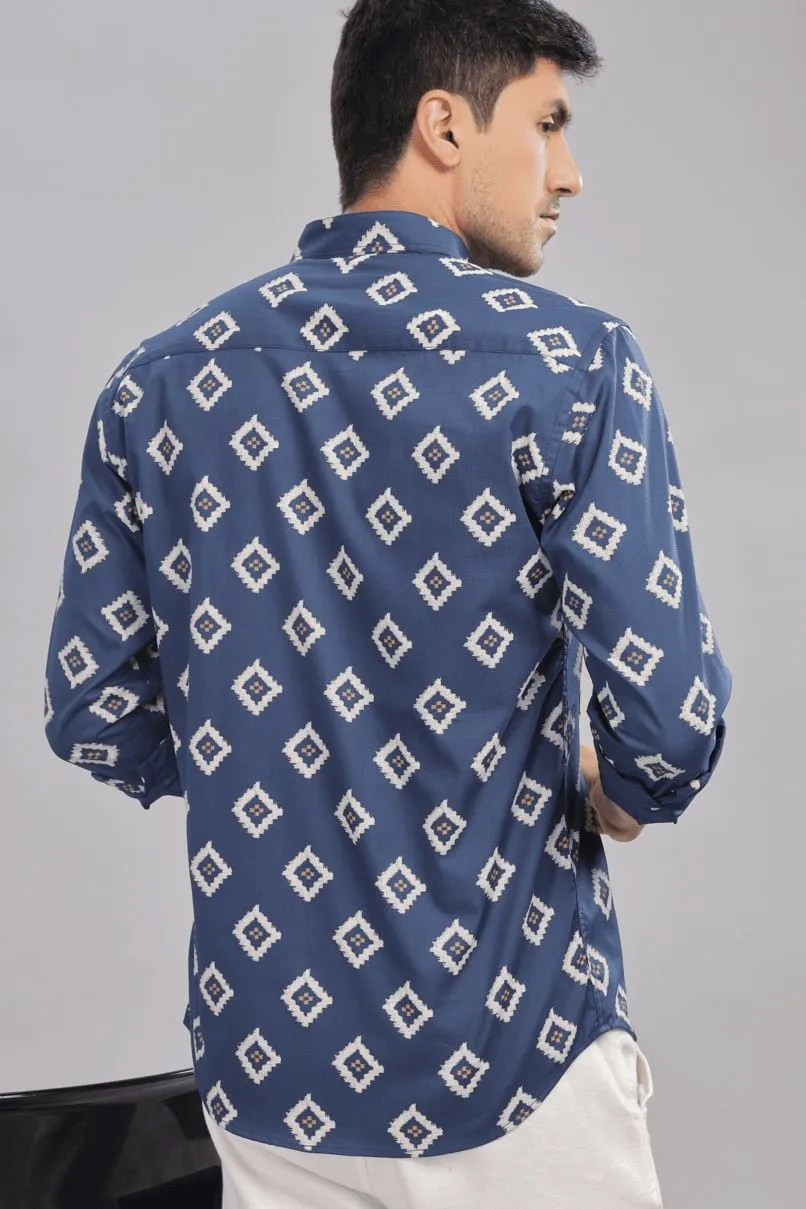 Navy Aztec Diamond Print Chinese Collar -Full-Stain Proof