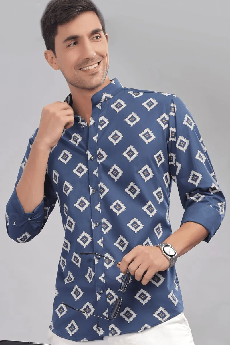 Navy Aztec Diamond Print Chinese Collar -Full-Stain Proof