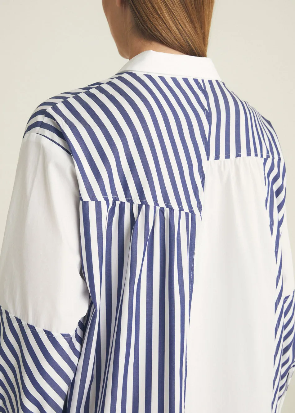 Patchwork Striped Shirt Dress - Light Blue   White
