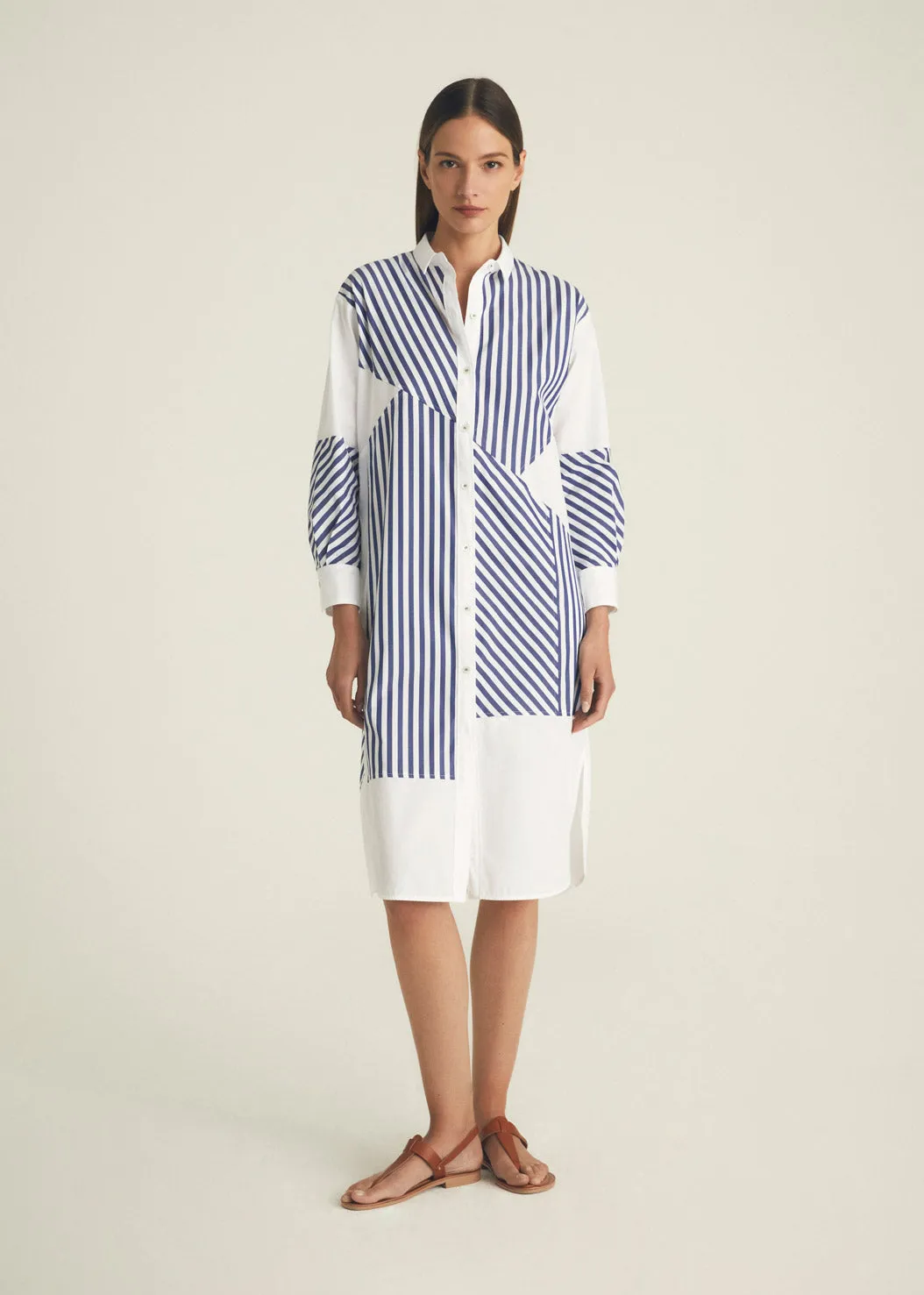 Patchwork Striped Shirt Dress - Light Blue   White