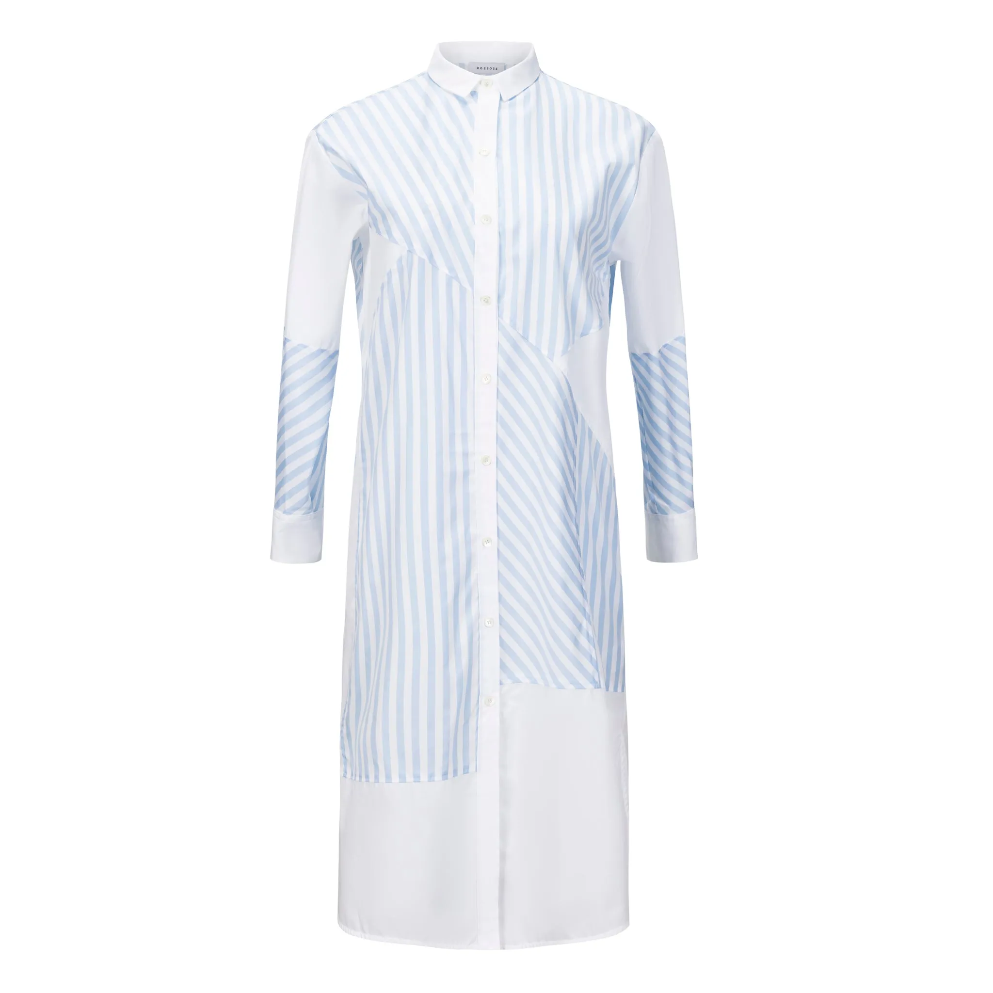 Patchwork Striped Shirt Dress - Light Blue   White