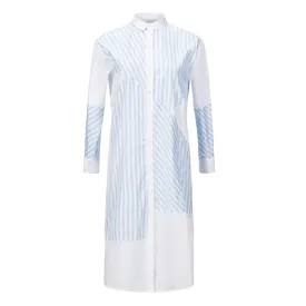 Patchwork Striped Shirt Dress - Light Blue   White