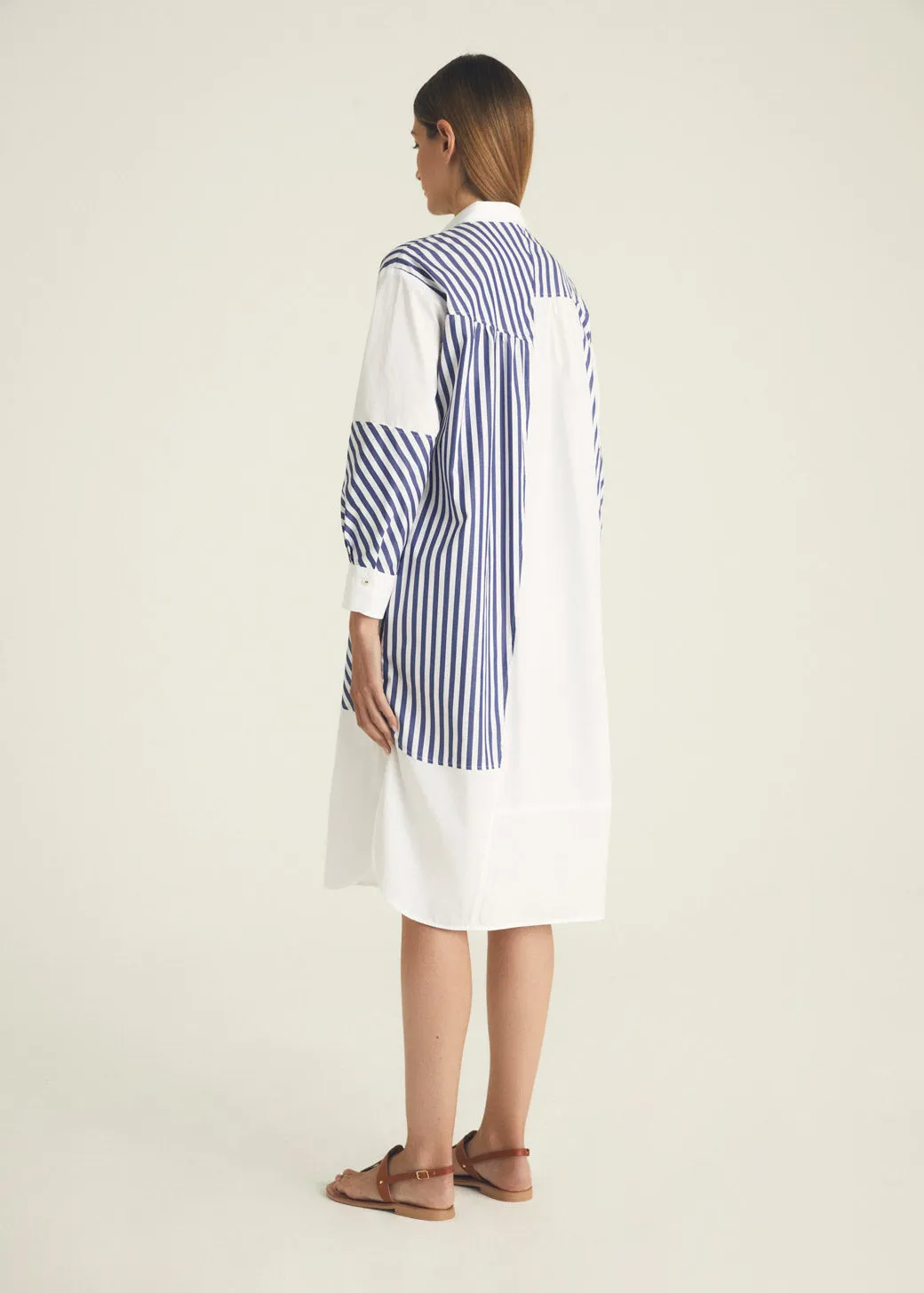 Patchwork Striped Shirt Dress - Light Blue   White