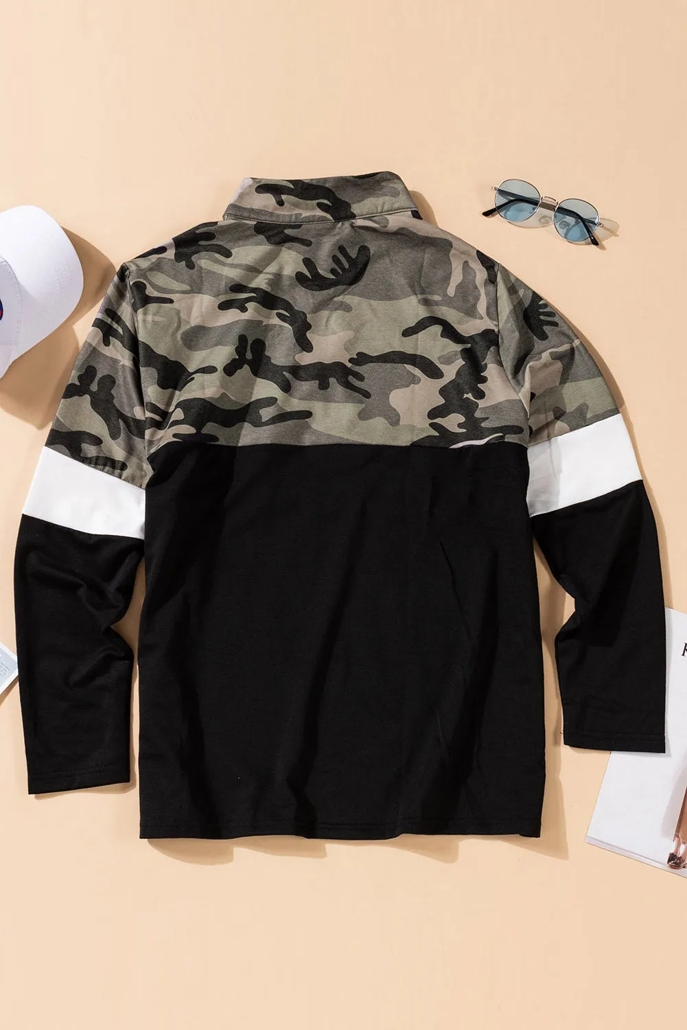 Plus Size Camouflage Color Block Quarter Zip Top