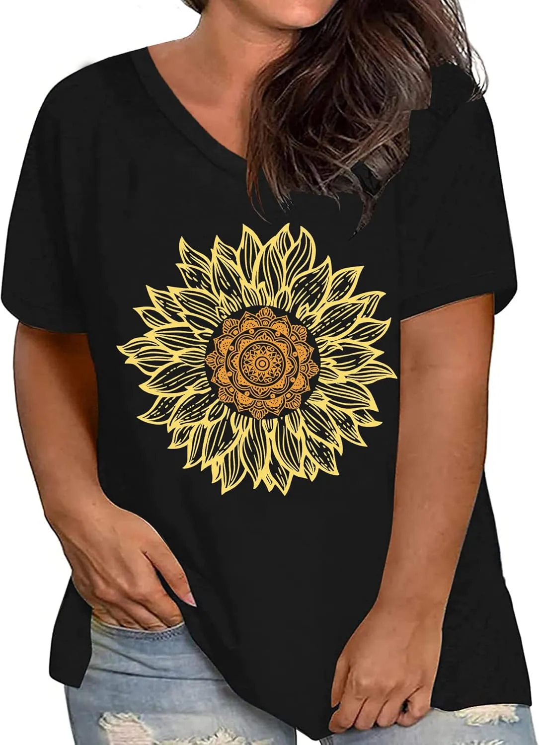 Plus Size Tops Sunflower Shirts for Women Flower Graphic Tees Shirts Summer Inspirational Tshirt