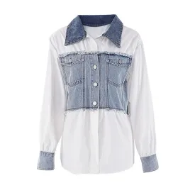 Pre Order:  Denim Patchwork White Long Sleeve Collar Shirt