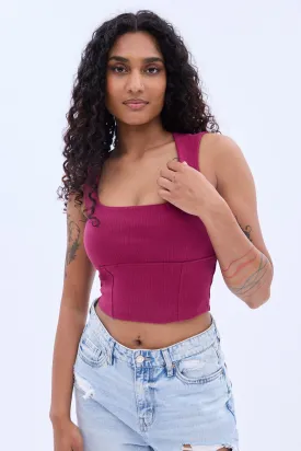 Ribbed Knit Square Neck Corset Tank Top
