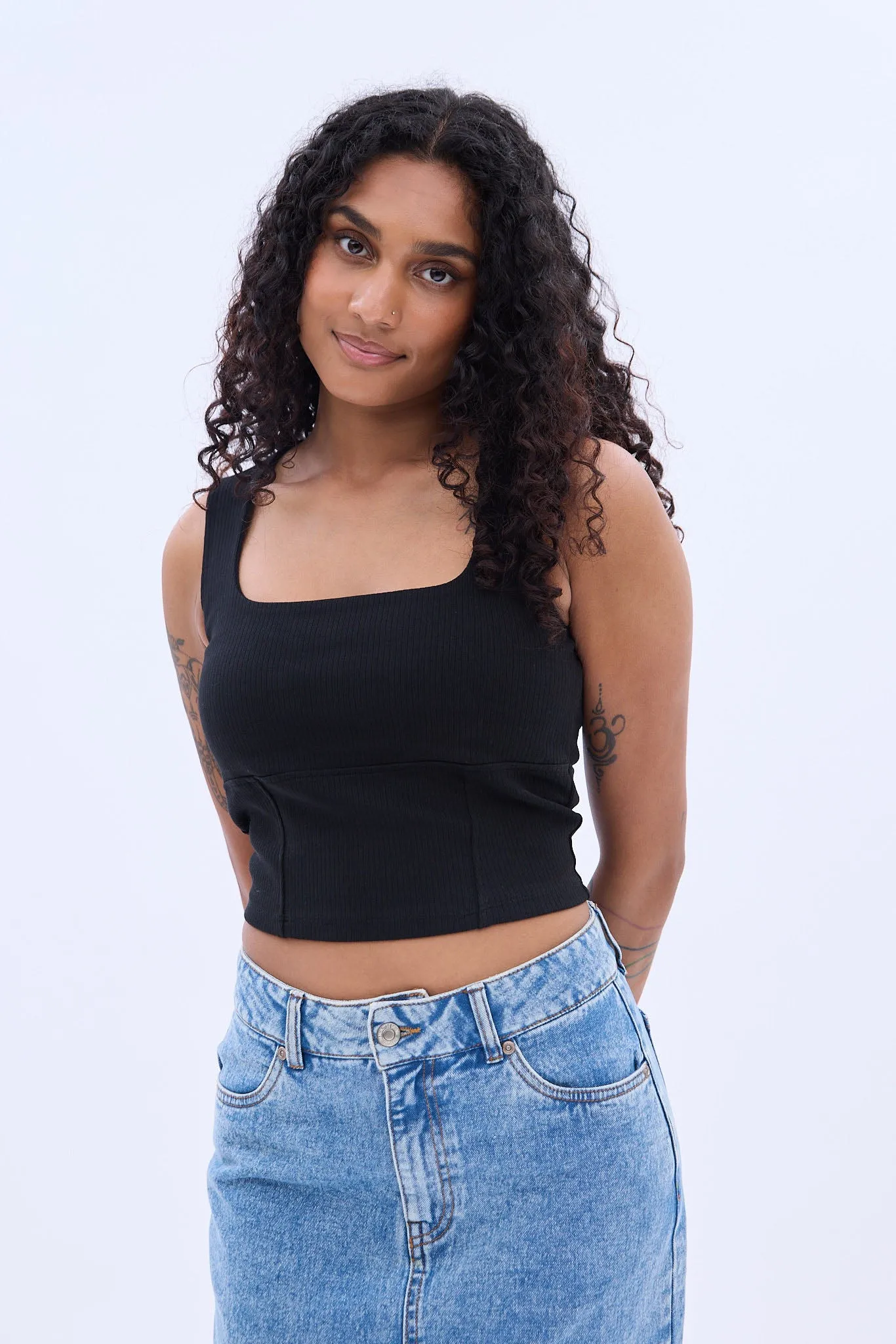 Ribbed Knit Square Neck Corset Tank Top