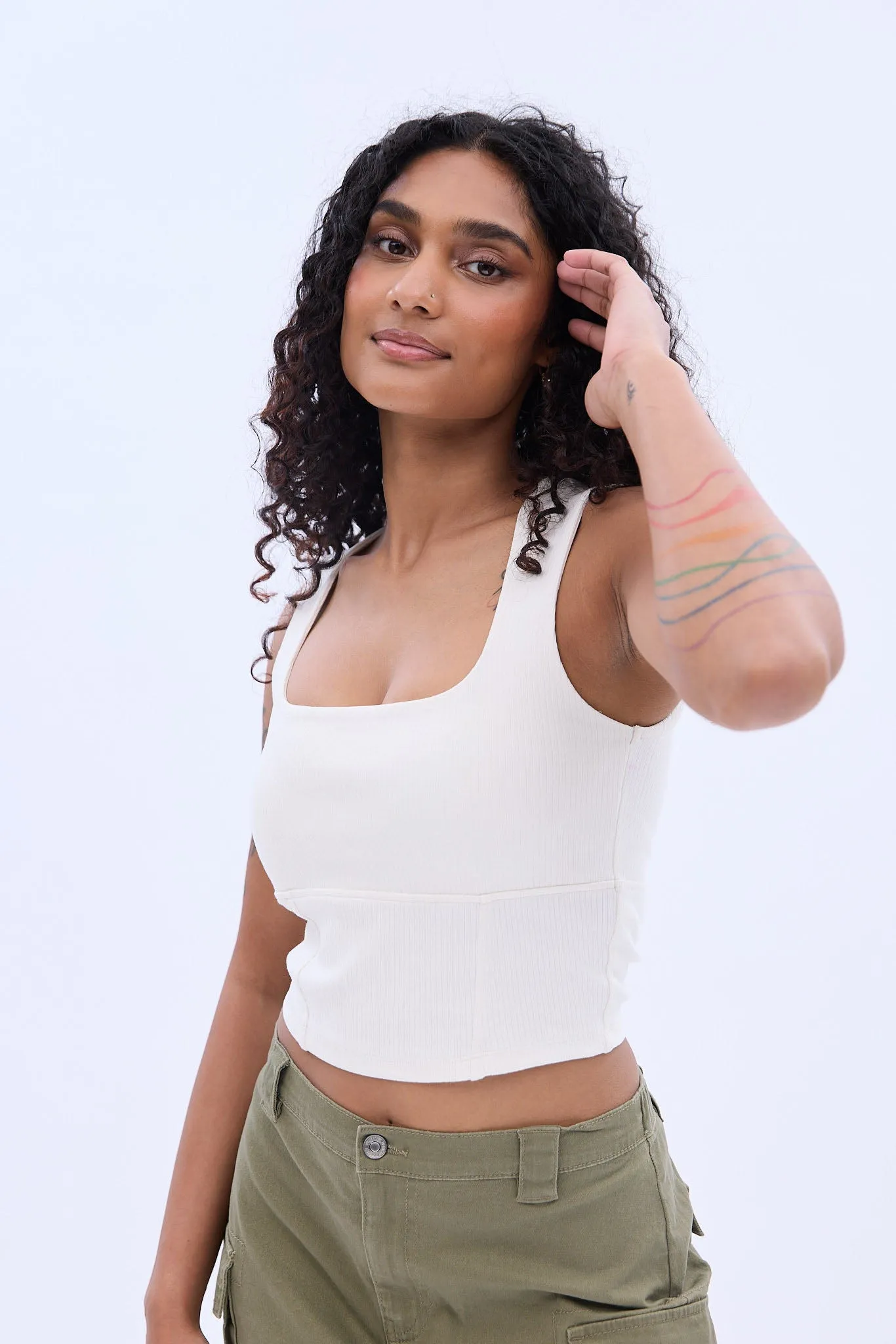 Ribbed Knit Square Neck Corset Tank Top