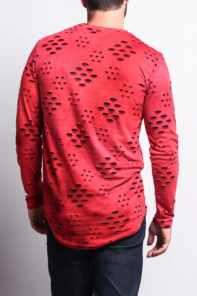 Ripped Dye Long Length Curved Hem Long Sleeve T-Shirt