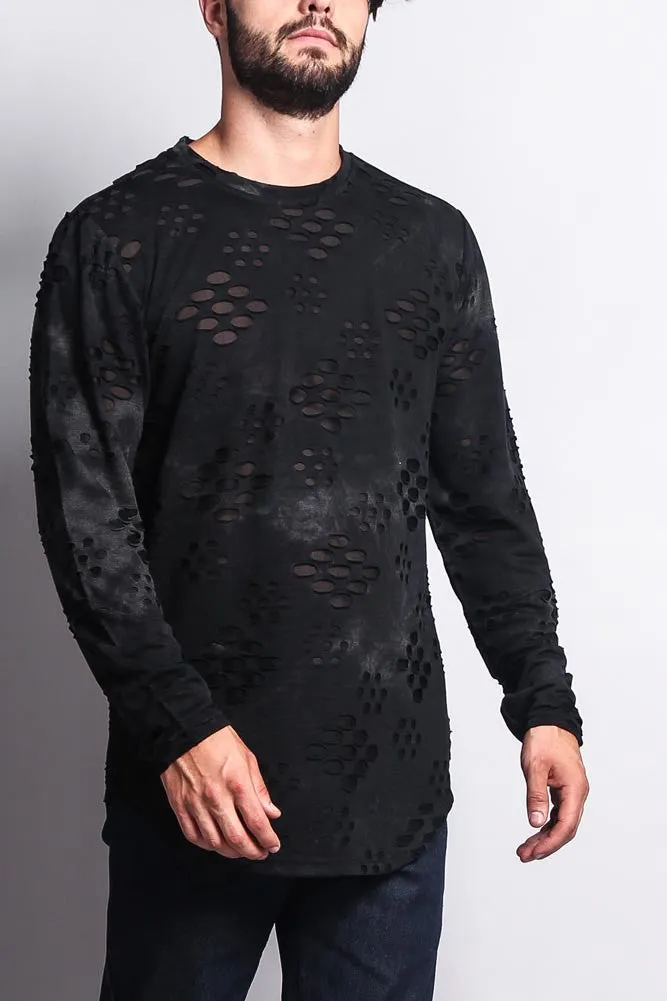 Ripped Dye Long Length Curved Hem Long Sleeve T-Shirt