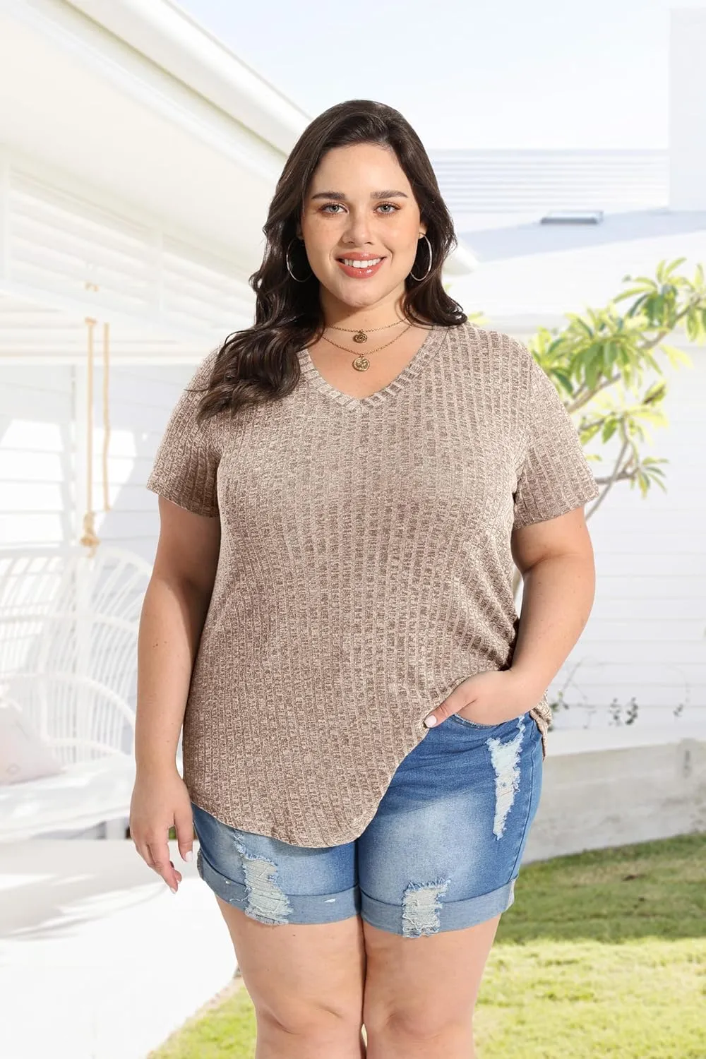RITERA Plus Size Tops for Women Short Sleeve V Neck Solid Loose Ribbed T Shirts Causual Tunics Summer Tie Dye Blouse XL-5XL