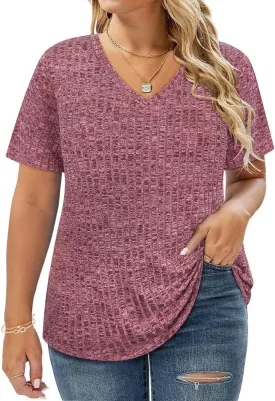 RITERA Plus Size Tops for Women Short Sleeve V Neck Solid Loose Ribbed T Shirts Causual Tunics Summer Tie Dye Blouse XL-5XL