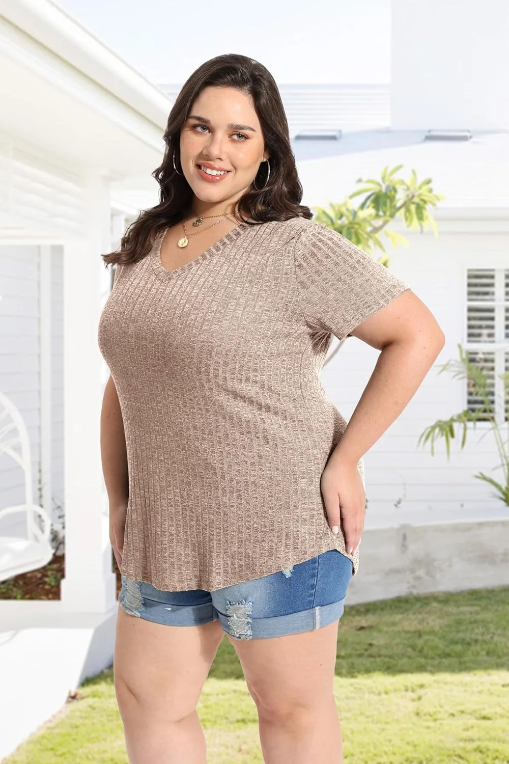 RITERA Plus Size Tops for Women Short Sleeve V Neck Solid Loose Ribbed T Shirts Causual Tunics Summer Tie Dye Blouse XL-5XL