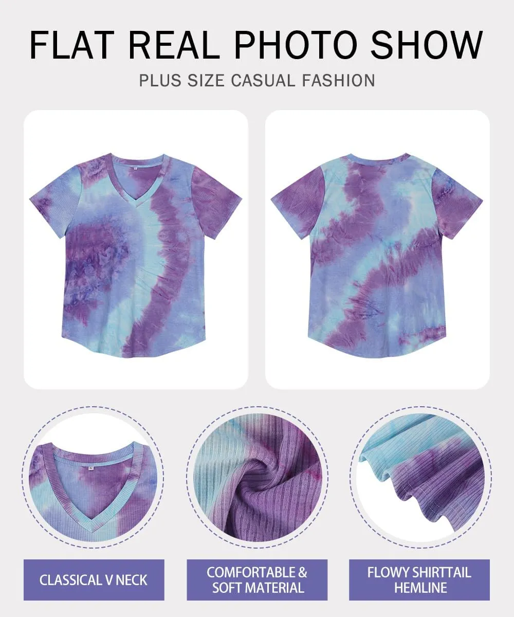 RITERA Plus Size Tops for Women Short Sleeve V Neck Solid Loose Ribbed T Shirts Causual Tunics Summer Tie Dye Blouse XL-5XL