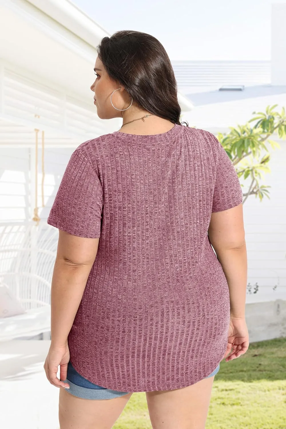 RITERA Plus Size Tops for Women Short Sleeve V Neck Solid Loose Ribbed T Shirts Causual Tunics Summer Tie Dye Blouse XL-5XL