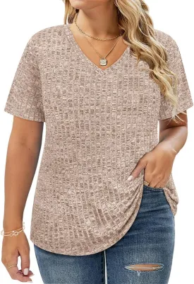 RITERA Plus Size Tops for Women Short Sleeve V Neck Solid Loose Ribbed T Shirts Causual Tunics Summer Tie Dye Blouse XL-5XL
