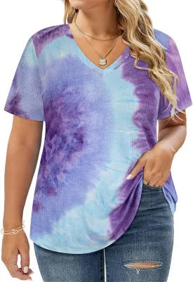 RITERA Plus Size Tops for Women Short Sleeve V Neck Solid Loose Ribbed T Shirts Causual Tunics Summer Tie Dye Blouse XL-5XL