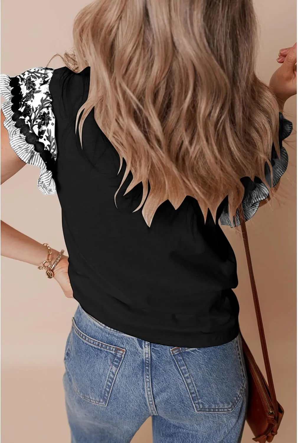 SELINK Womens Summer Ruffle Short Sleeve Top Crewneck T Shirts Floral Trim Casual Blouses