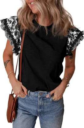 SELINK Womens Summer Ruffle Short Sleeve Top Crewneck T Shirts Floral Trim Casual Blouses