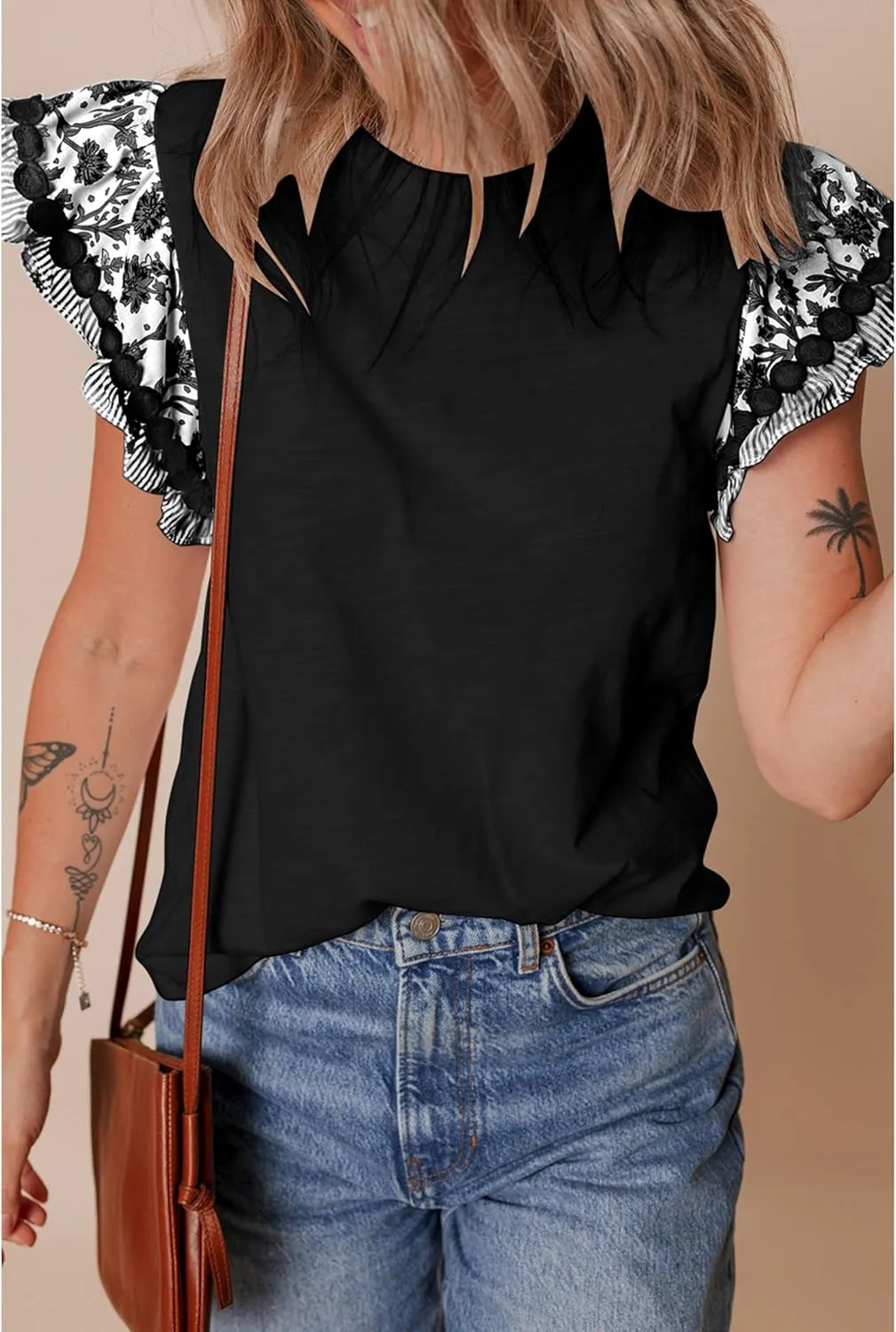 SELINK Womens Summer Ruffle Short Sleeve Top Crewneck T Shirts Floral Trim Casual Blouses