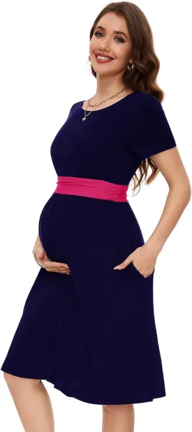 Smallshow Women's Maternity Dress Patchwork Short Sleeve Pregnancy Clothes