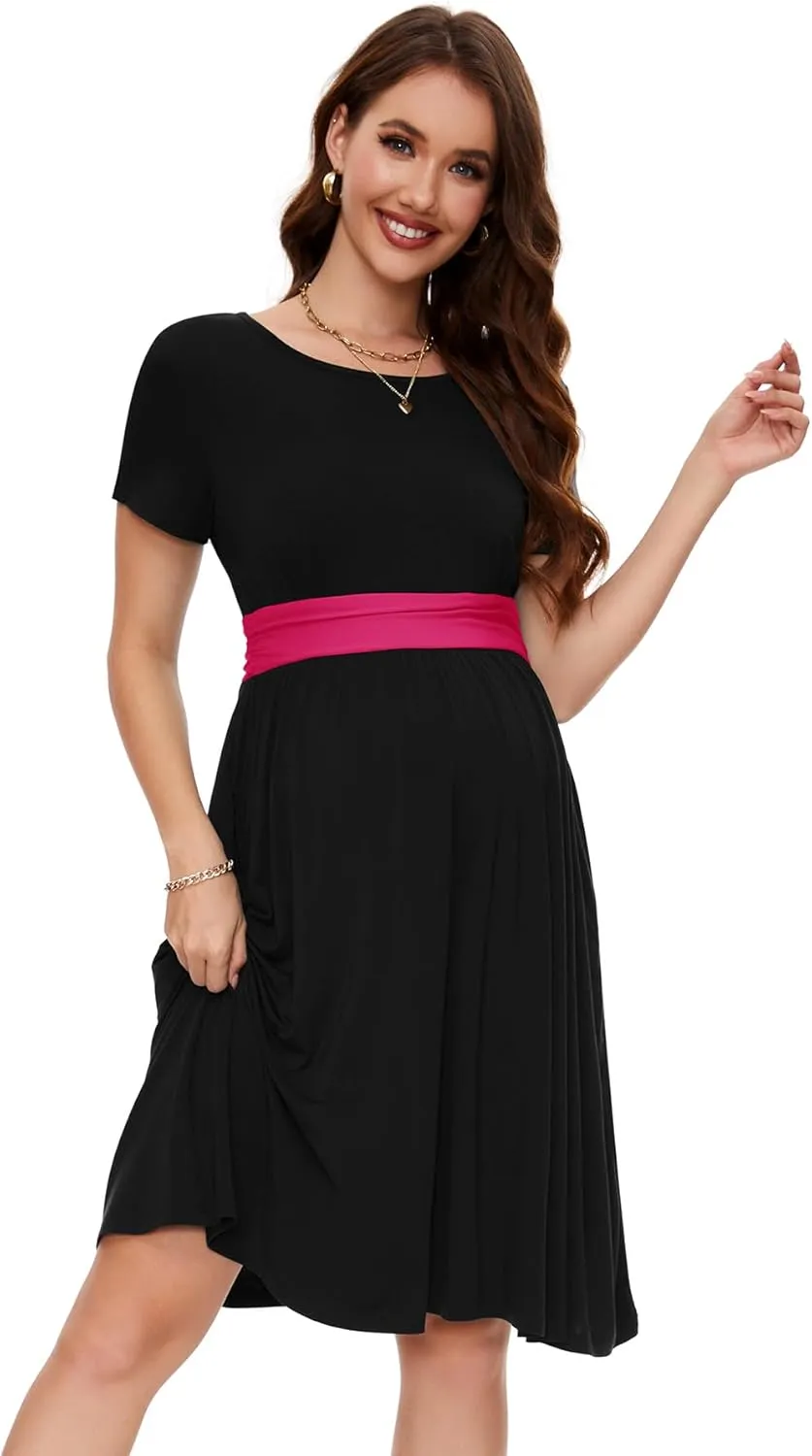 Smallshow Women's Maternity Dress Patchwork Short Sleeve Pregnancy Clothes