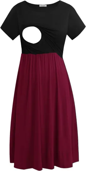 Smallshow Women's Short Sleeve Patchwork Nursing Dresses for Breastfeeding