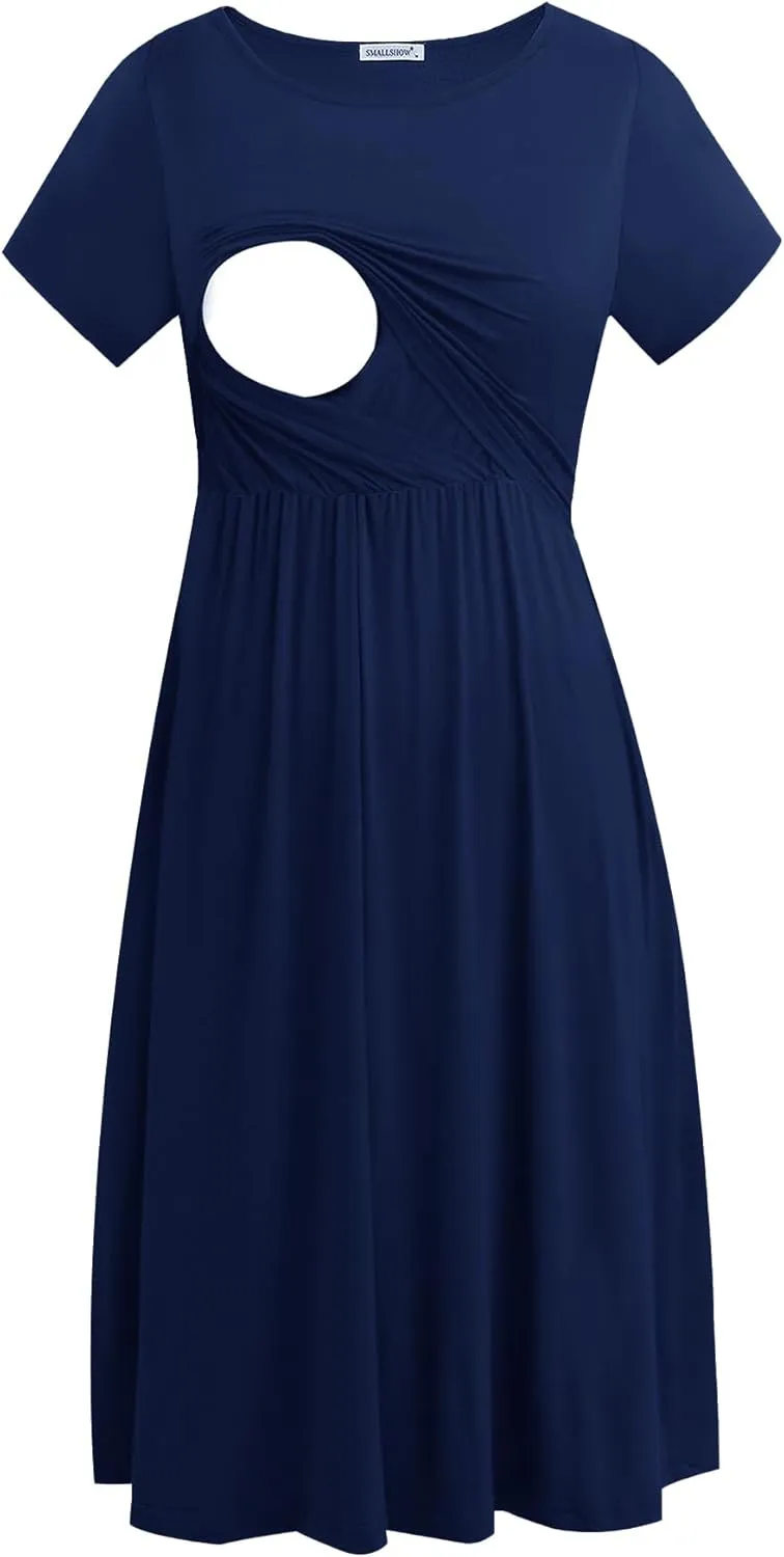 Smallshow Women's Short Sleeve Patchwork Nursing Dresses for Breastfeeding