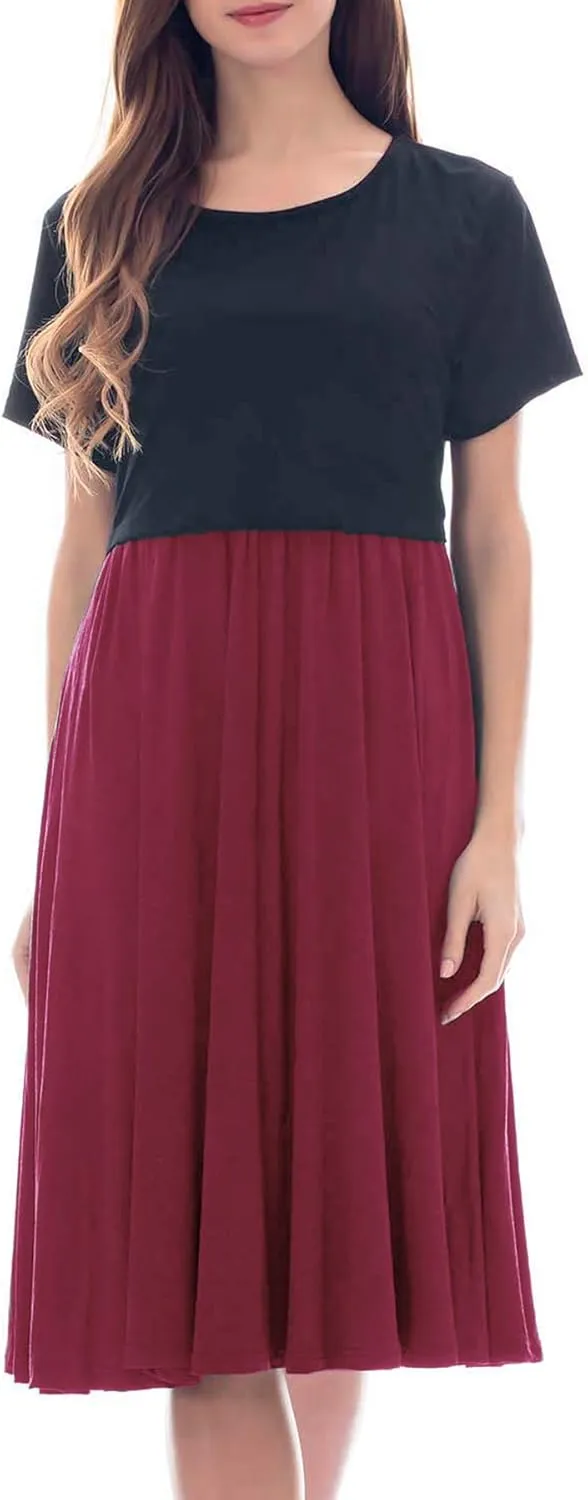 Smallshow Women's Short Sleeve Patchwork Nursing Dresses for Breastfeeding