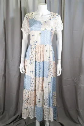 SOLD Vintage 90s Patchwork Cottagecore Long Dress, Sash Tie