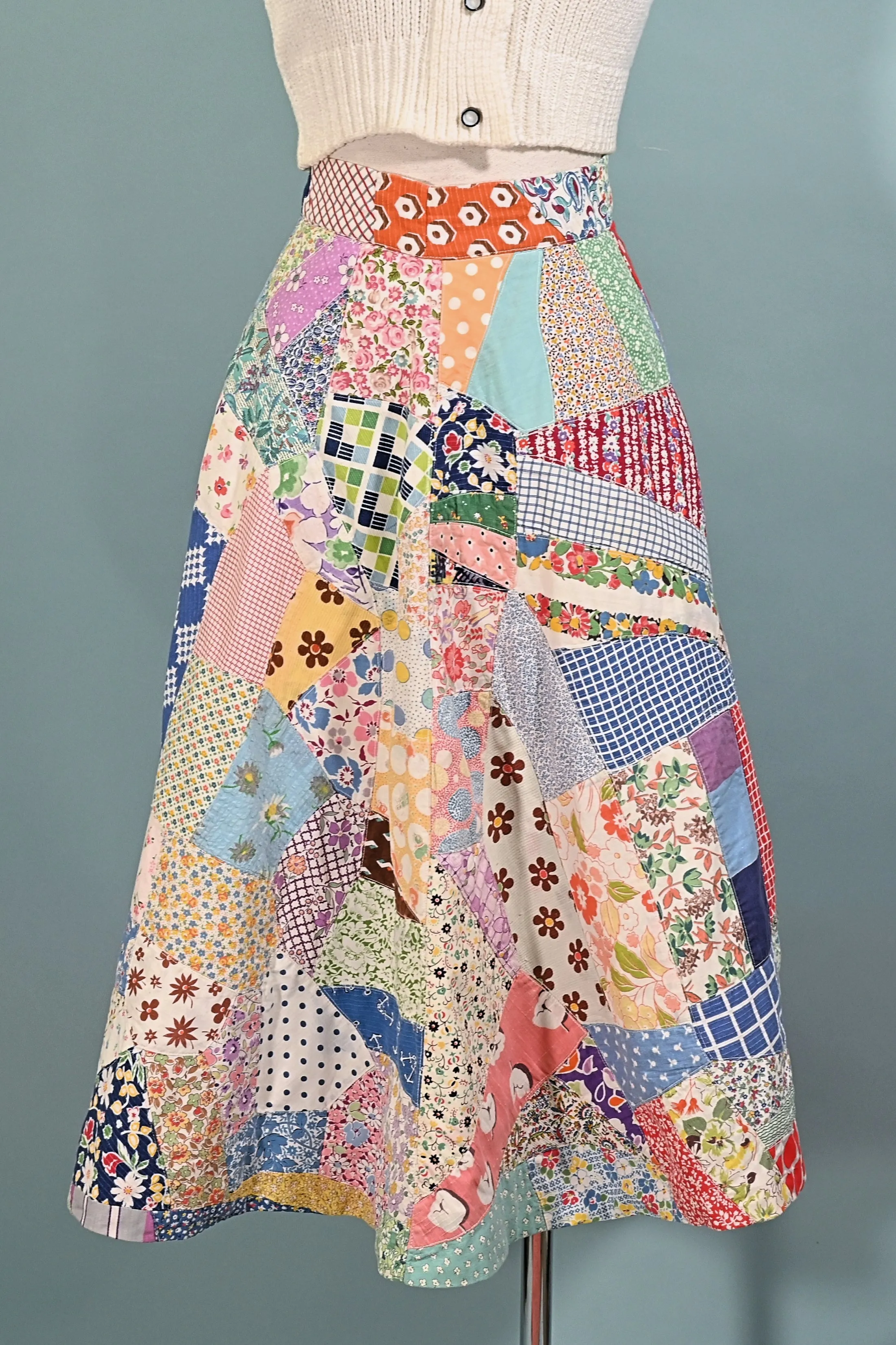 SOLD Vintage Patchwork Skirt, 30s Feed Sack Quit Skirt