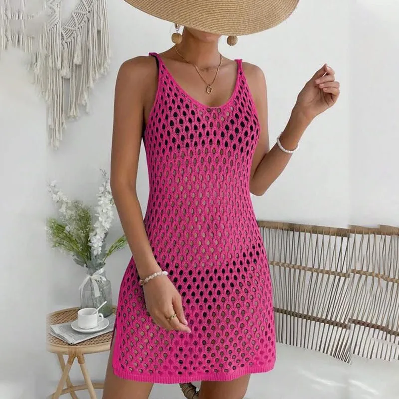 Solid Color Knitted Hollow Beach Blouse