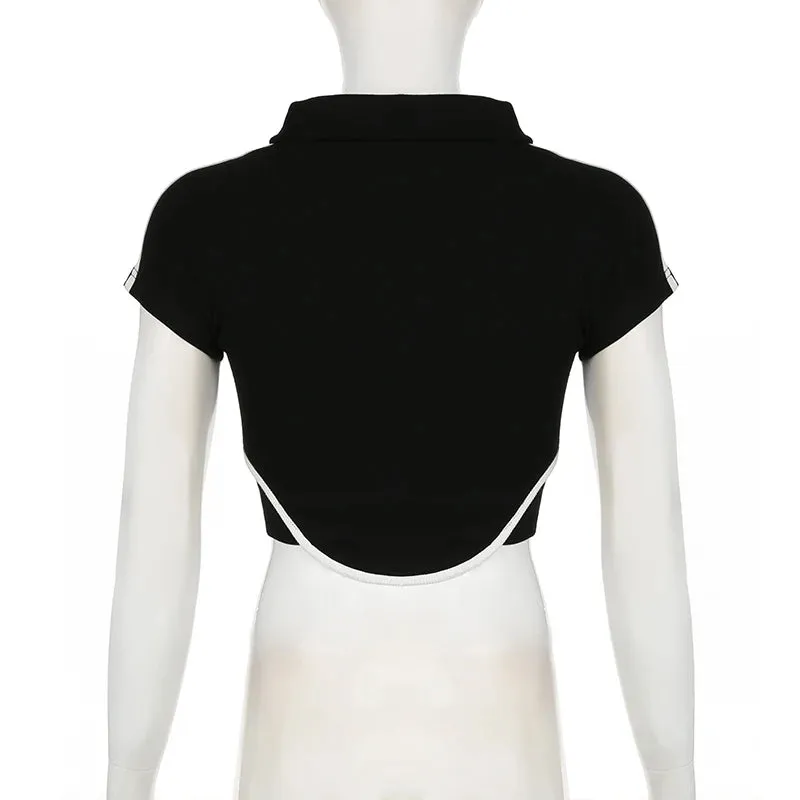 Streetwear Biker Style Zipper Summer T shirts Women Stripe Patchwork Fitness Cropped Tops Contrast Color Harajuku Tee
