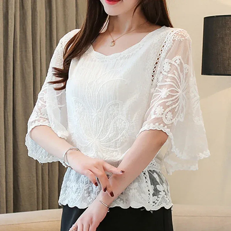 Summer Edge Fashionable Loose O Cotton Neck Lace New Sleeve Elegant Half Butterfly Flower Top