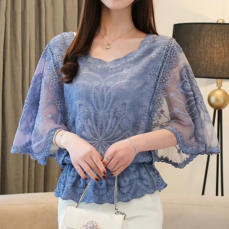 Summer Edge Fashionable Loose O Cotton Neck Lace New Sleeve Elegant Half Butterfly Flower Top
