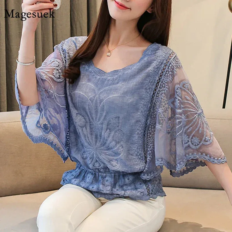 Summer Edge Fashionable Loose O Cotton Neck Lace New Sleeve Elegant Half Butterfly Flower Top