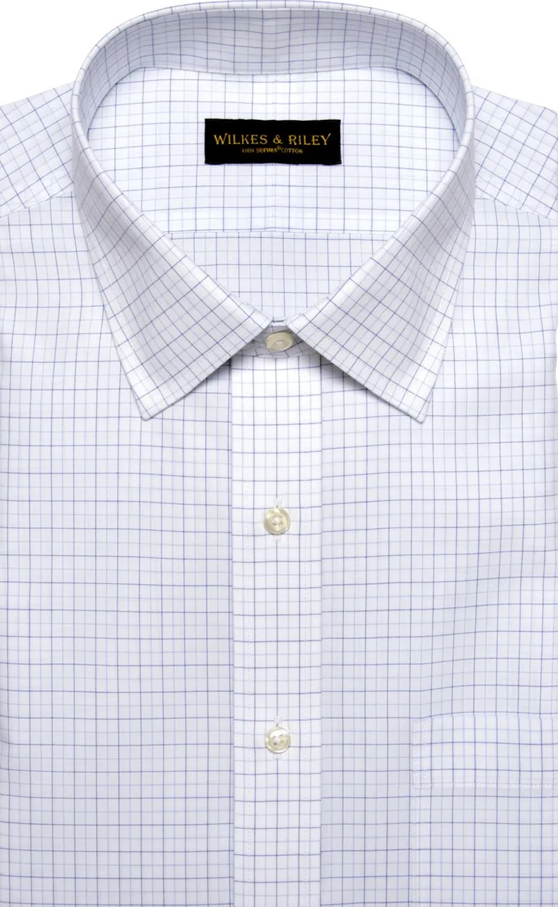 Tailored Fit White Ground Navy / Lt Blue Tattersall Spread Collar  Supima® Cotton Non-Iron Broadcloth (B/T)