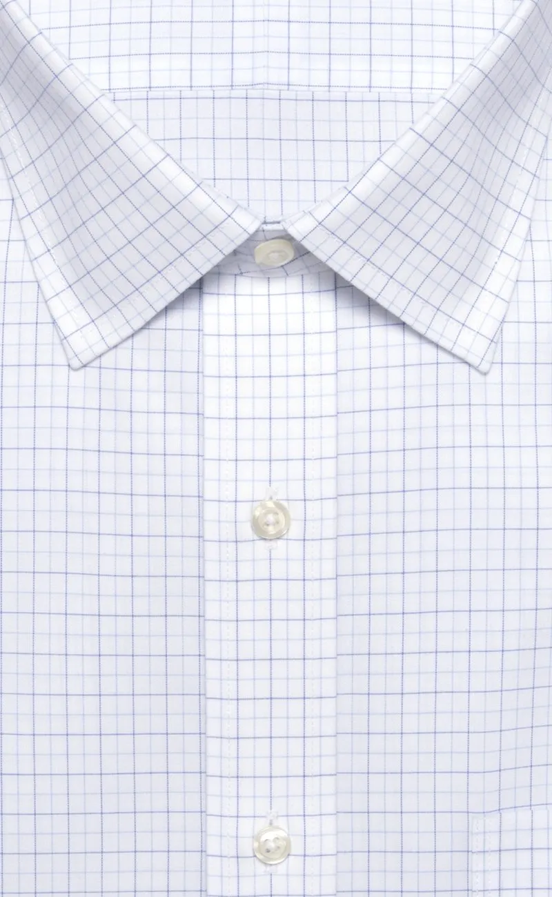Tailored Fit White Ground Navy / Lt Blue Tattersall Spread Collar  Supima® Cotton Non-Iron Broadcloth (B/T)