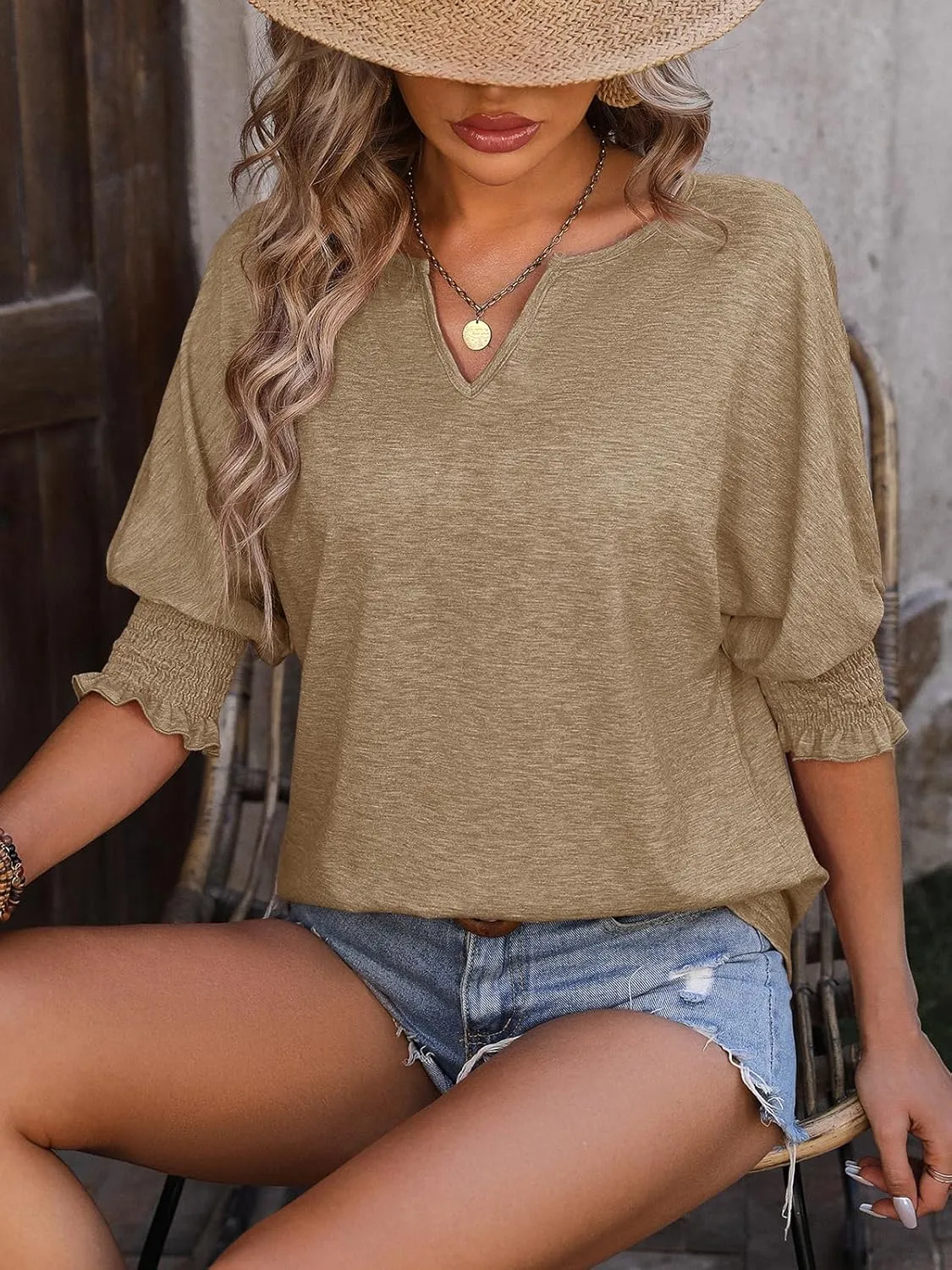 TAKEYAL Women's 2025 Fashion 3/4 Sleeve V Neck T-Shirts Cute Spring Summer Business Dressy Blouses Solid Basic Tee Tops