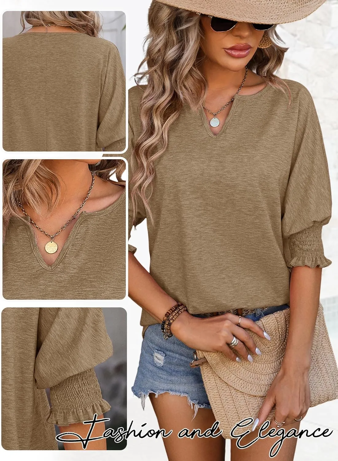 TAKEYAL Women's 2025 Fashion 3/4 Sleeve V Neck T-Shirts Cute Spring Summer Business Dressy Blouses Solid Basic Tee Tops