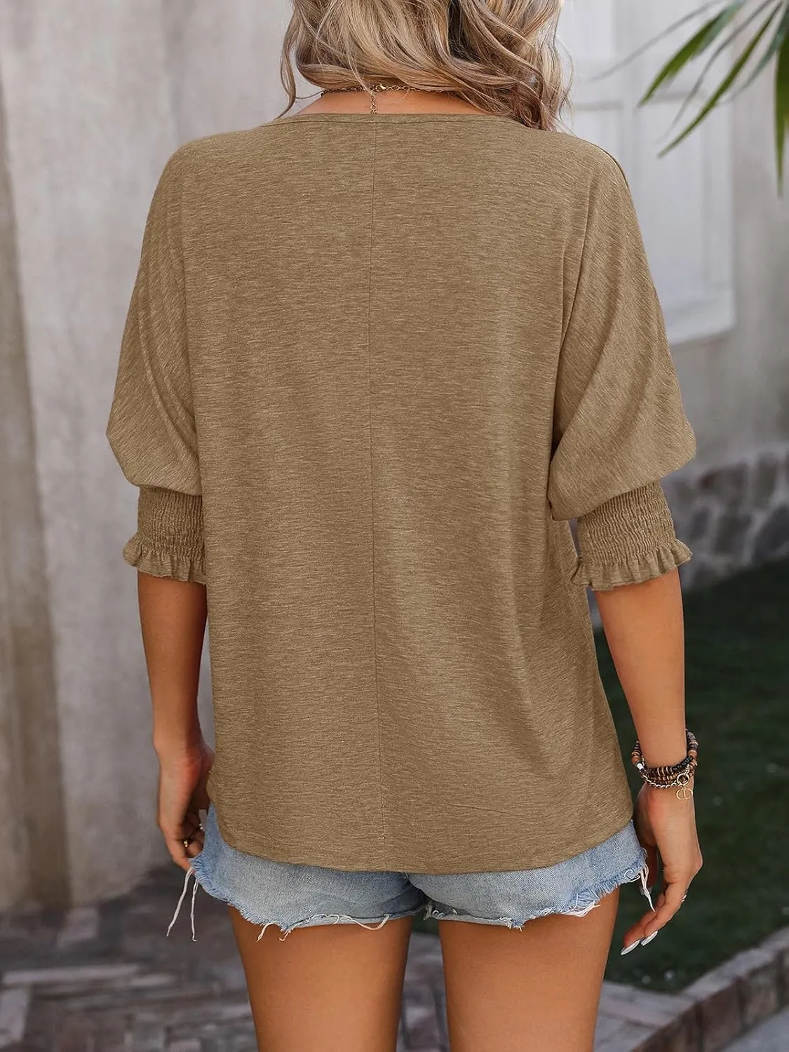 TAKEYAL Women's 2025 Fashion 3/4 Sleeve V Neck T-Shirts Cute Spring Summer Business Dressy Blouses Solid Basic Tee Tops