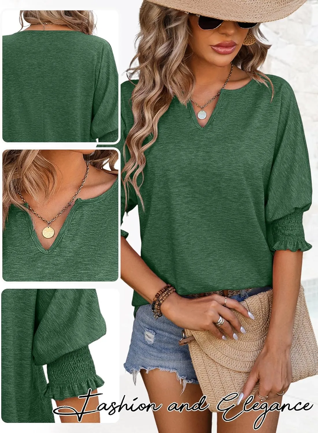 TAKEYAL Women's 2025 Fashion 3/4 Sleeve V Neck T-Shirts Cute Spring Summer Business Dressy Blouses Solid Basic Tee Tops