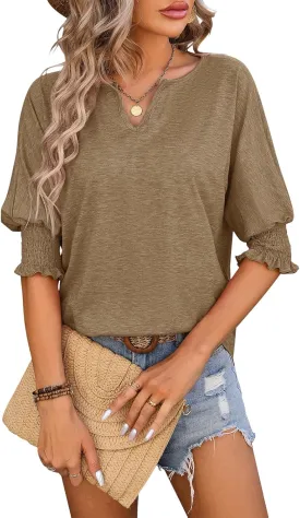 TAKEYAL Women's 2025 Fashion 3/4 Sleeve V Neck T-Shirts Cute Spring Summer Business Dressy Blouses Solid Basic Tee Tops