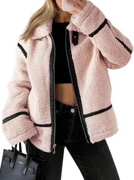 Tankaneo Womens Faux Fur Jackets Winter Trendy Sherpa Moto Leather Patchwork Zip Up Coat