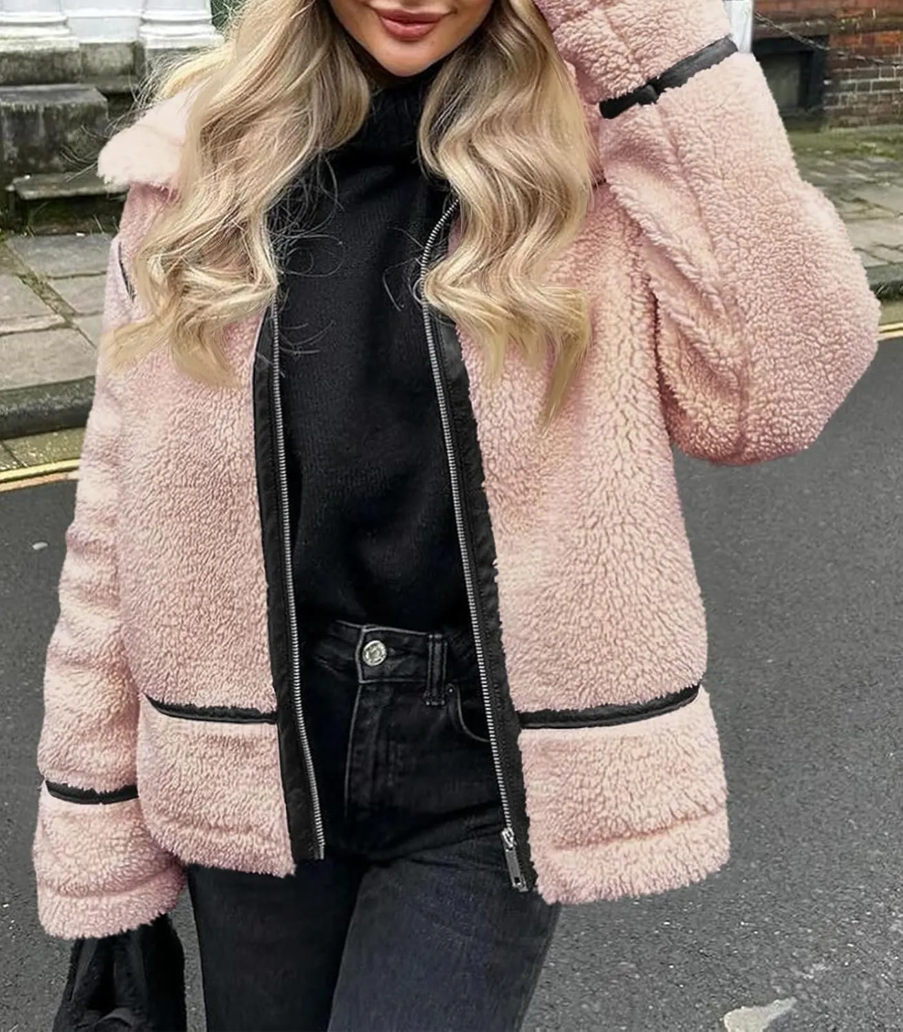 Tankaneo Womens Faux Fur Jackets Winter Trendy Sherpa Moto Leather Patchwork Zip Up Coat