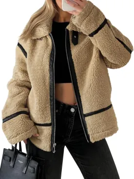 Tankaneo Womens Faux Fur Jackets Winter Trendy Sherpa Moto Leather Patchwork Zip Up Coat