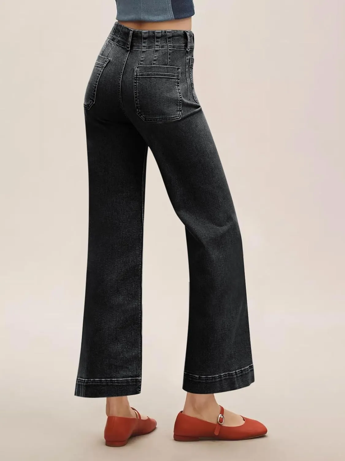 Tankaneo Womens Loose Wide Leg Jeans High Waisted Flare Trendy Boyfriends Cotton Denim Pants with Front Patch Pockets