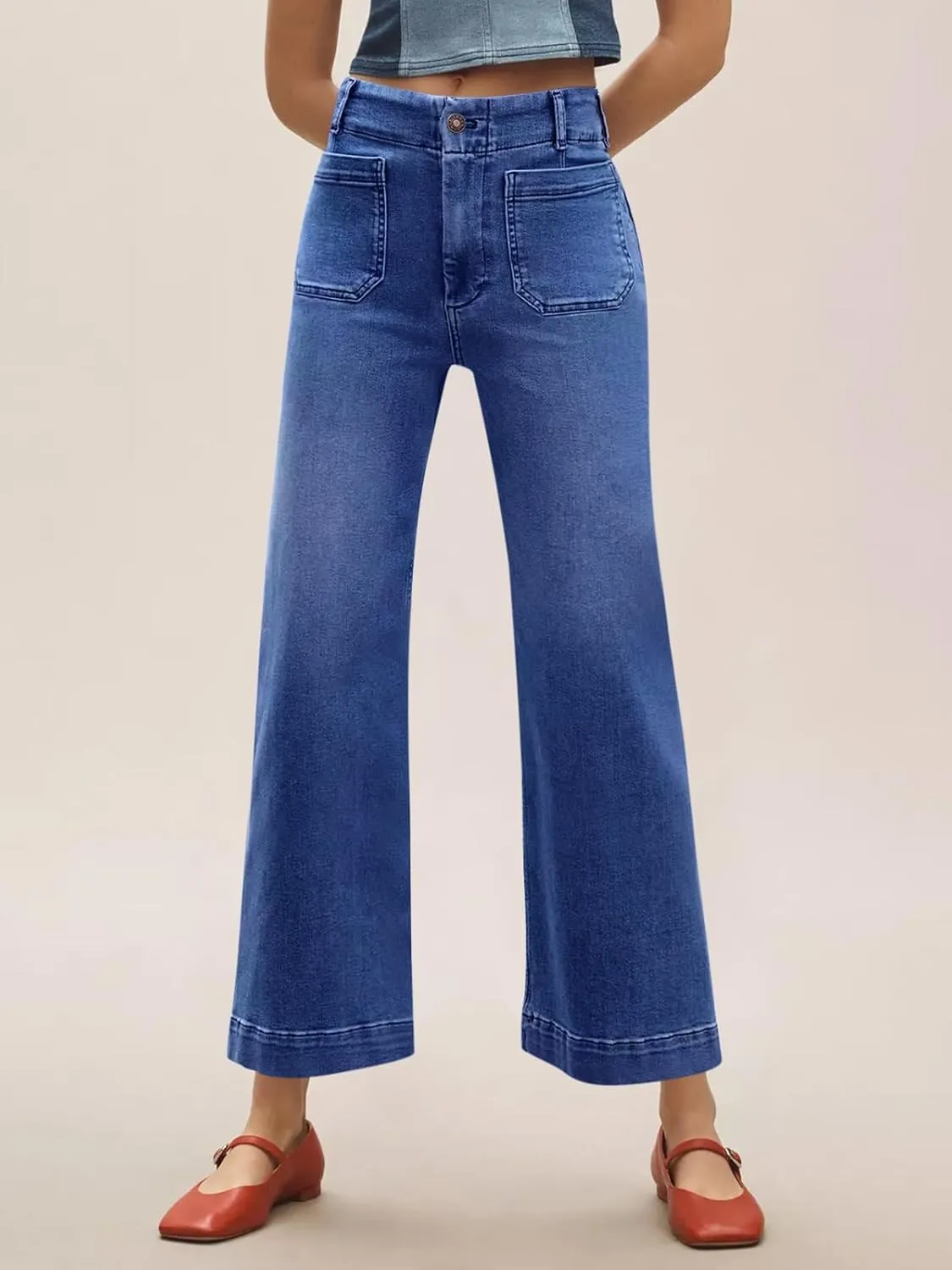Tankaneo Womens Loose Wide Leg Jeans High Waisted Flare Trendy Boyfriends Cotton Denim Pants with Front Patch Pockets